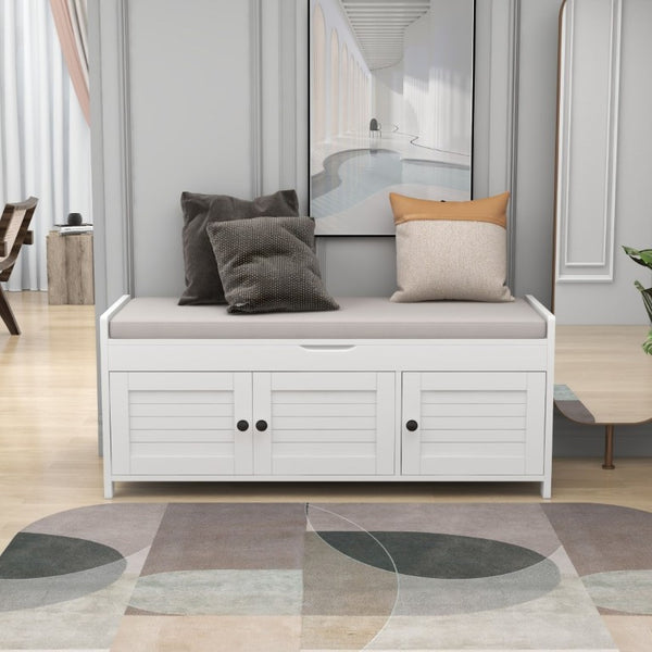 English Elm Trexm Farmhouse Entryway Storage Bench with Shutter Doors Hidden Cavity Cushion WF310529AAK
