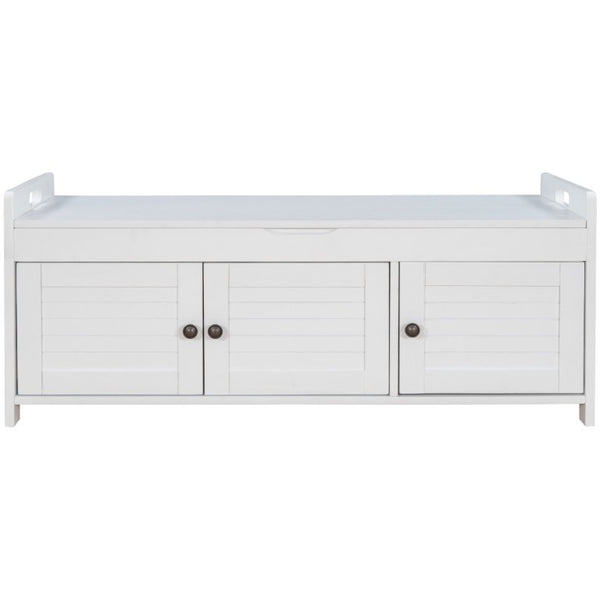 English Elm Trexm Farmhouse Entryway Storage Bench with Shutter Doors Hidden Cavity Cushion WF310529AAK