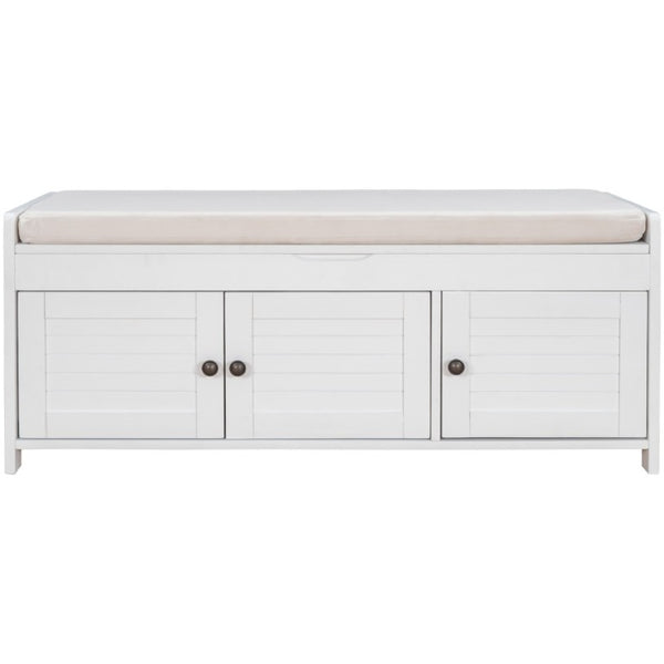 English Elm Trexm Farmhouse Entryway Storage Bench with Shutter Doors Hidden Cavity Cushion WF310529AAK