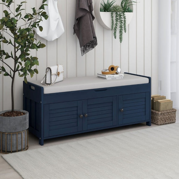 English Elm Trexm Pine Wood Entryway Storage Bench with Shutter Doors and Linen Cushion Seat WF310529AAM