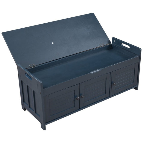 English Elm Trexm Pine Wood Entryway Storage Bench with Shutter Doors and Linen Cushion Seat WF310529AAM