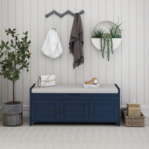 English Elm Trexm Pine Wood Entryway Storage Bench with Shutter Doors and Linen Cushion Seat WF310529AAM