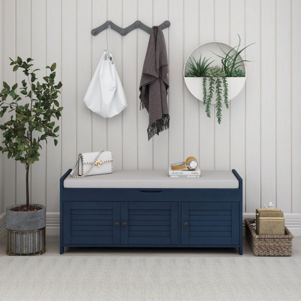 English Elm Trexm Pine Wood Entryway Storage Bench with Shutter Doors and Linen Cushion Seat WF310529AAM