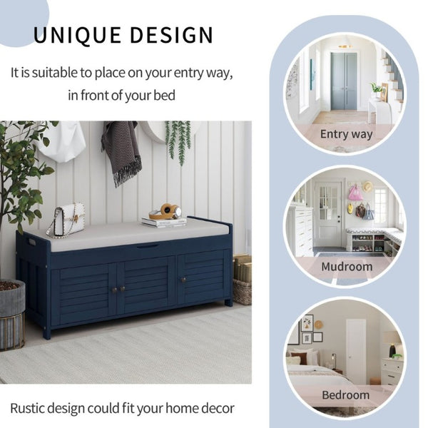 English Elm Trexm Pine Wood Entryway Storage Bench with Shutter Doors and Linen Cushion Seat WF310529AAM