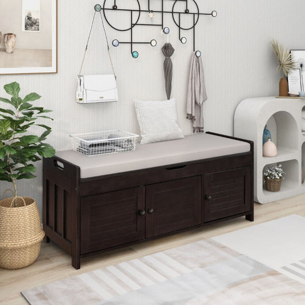 English Elm Trexm Rustic Entryway Bench with Shutter Doors Hidden Lift Top and Padded Linen Seat Espresso WF310529AAP