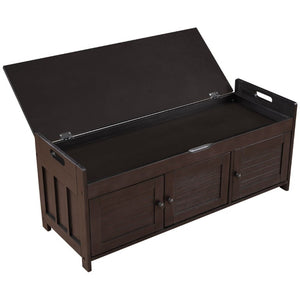 English Elm Trexm Rustic Entryway Bench with Shutter Doors Hidden Lift Top and Padded Linen Seat Espresso WF310529AAP