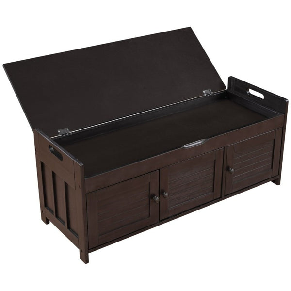English Elm Trexm Rustic Entryway Bench with Shutter Doors Hidden Lift Top and Padded Linen Seat Espresso WF310529AAP
