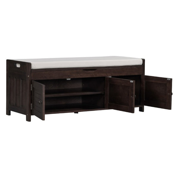 English Elm Trexm Rustic Entryway Bench with Shutter Doors Hidden Lift Top and Padded Linen Seat Espresso WF310529AAP