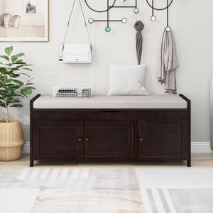 English Elm Trexm Rustic Entryway Bench with Shutter Doors Hidden Lift Top and Padded Linen Seat Espresso WF310529AAP