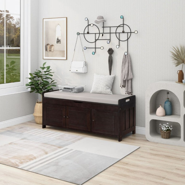 English Elm Trexm Rustic Entryway Bench with Shutter Doors Hidden Lift Top and Padded Linen Seat Espresso WF310529AAP
