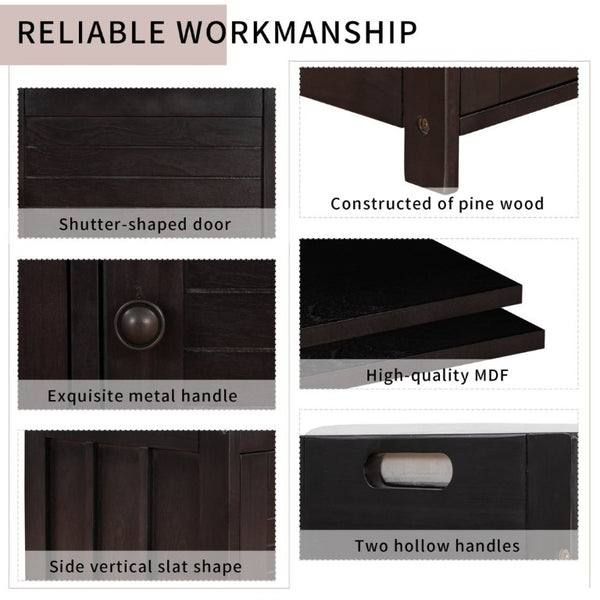 English Elm Trexm Rustic Entryway Bench with Shutter Doors Hidden Lift Top and Padded Linen Seat Espresso WF310529AAP