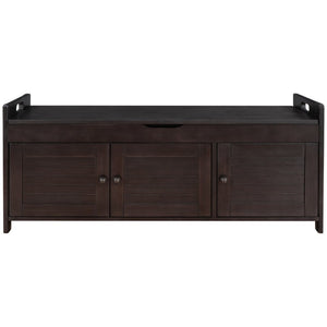 English Elm Trexm Rustic Entryway Bench with Shutter Doors Hidden Lift Top and Padded Linen Seat Espresso WF310529AAP