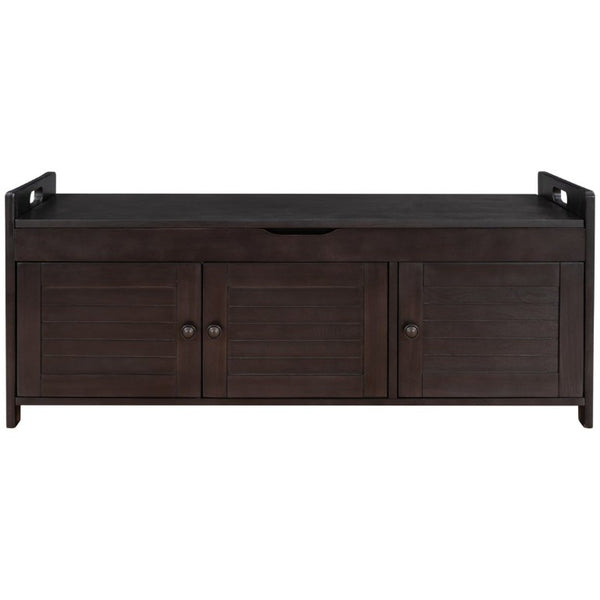 English Elm Trexm Rustic Entryway Bench with Shutter Doors Hidden Lift Top and Padded Linen Seat Espresso WF310529AAP