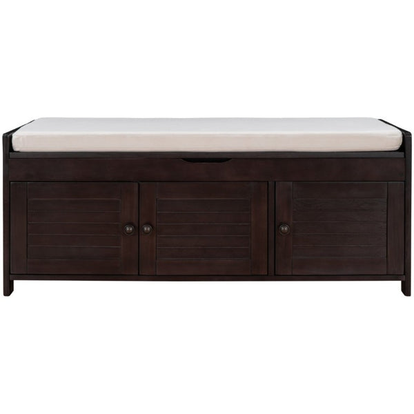 English Elm Trexm Rustic Entryway Bench with Shutter Doors Hidden Lift Top and Padded Linen Seat Espresso WF310529AAP