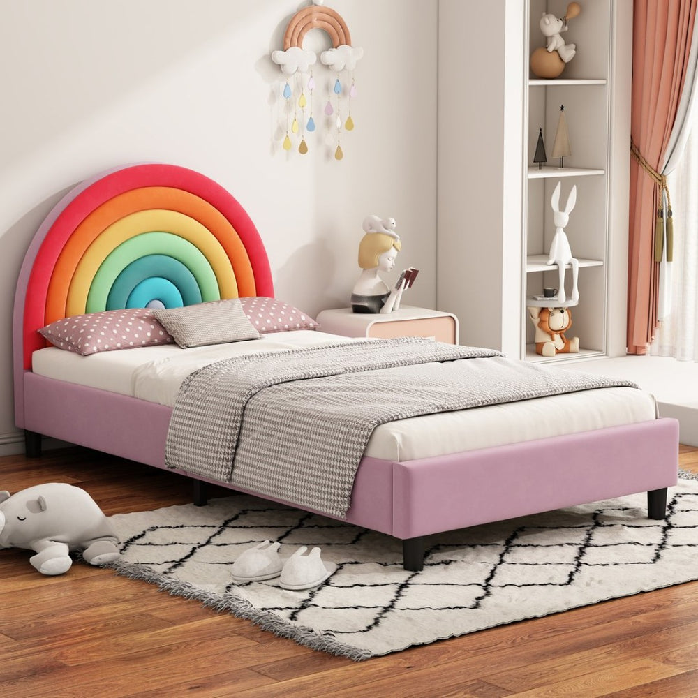 English Elm Rainbow Arched Velvet Twin Platform Bed Playful Padded Headboard for Kids Bedroom WF317595AAZ