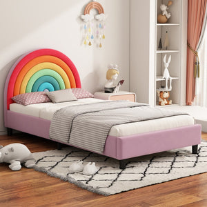 English Elm Rainbow Arched Velvet Twin Platform Bed Playful Padded Headboard for Kids Bedroom WF317595AAZ