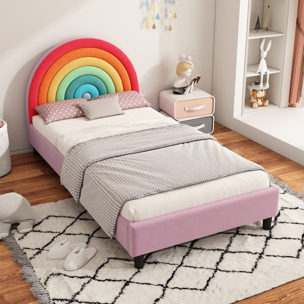 English Elm Rainbow Arched Velvet Twin Platform Bed Playful Padded Headboard for Kids Bedroom WF317595AAZ
