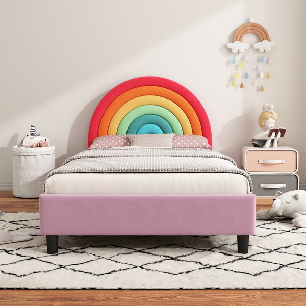 English Elm Rainbow Arched Velvet Twin Platform Bed Playful Padded Headboard for Kids Bedroom WF317595AAZ