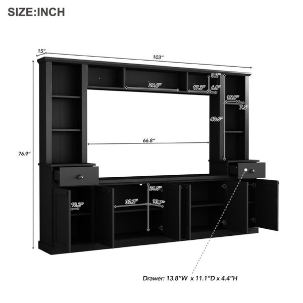 English Elm Tv Stand Modular Wall Unit with Adjustable Bridge Pier Cabinets and Open Shelving Black WF320396AAB