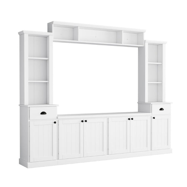 English Elm Tv Stand Modular Wall Unit with Adjustable Bridge Pier Cabinets and Open Shelving White WF320396AAK
