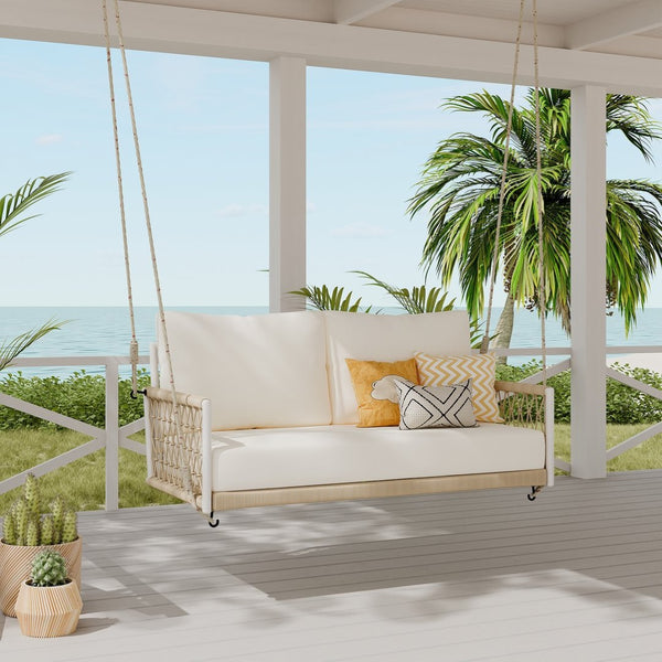 English Elm Trexm Outdoor Woven Rope Swing Sofa Iron Frame Resort Style Patio Seating for Two Beige - A WF320727AAA