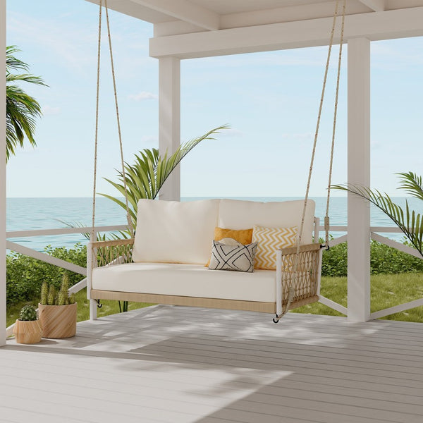 English Elm Trexm Outdoor Woven Rope Swing Sofa Iron Frame Resort Style Patio Seating for Two Beige - A WF320727AAA