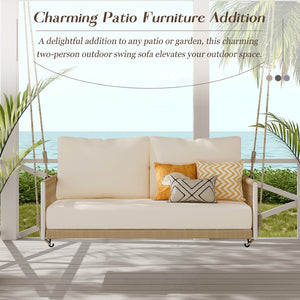 English Elm Trexm Outdoor Woven Rope Swing Sofa Iron Frame Resort Style Patio Seating for Two Beige - A WF320727AAA