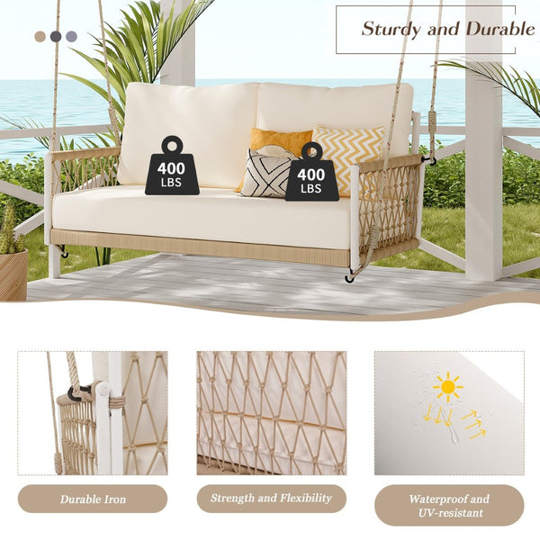 English Elm Trexm Outdoor Woven Rope Swing Sofa Iron Frame Resort Style Patio Seating for Two Beige - A WF320727AAA