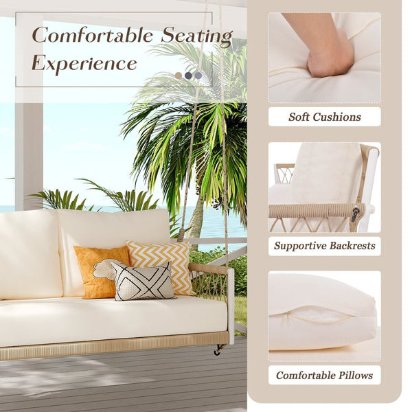 English Elm Trexm Outdoor Woven Rope Swing Sofa Iron Frame Resort Style Patio Seating for Two Beige - A WF320727AAA