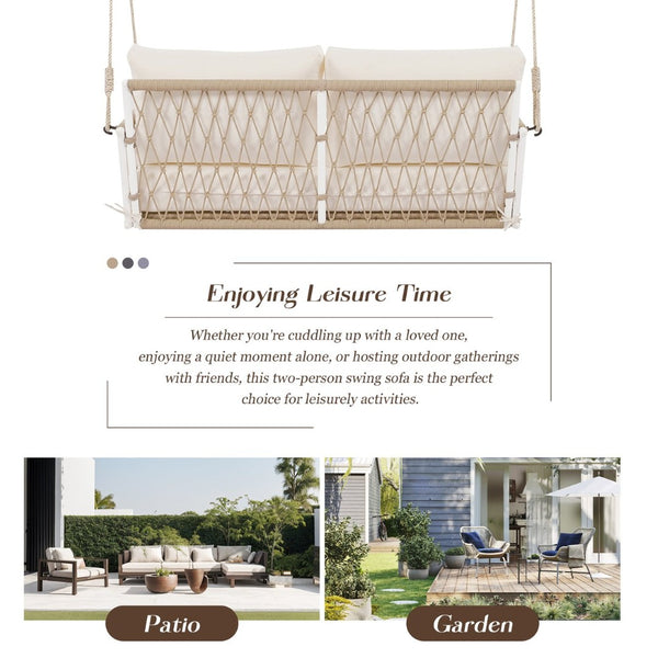 English Elm Trexm Outdoor Woven Rope Swing Sofa Iron Frame Resort Style Patio Seating for Two Beige - A WF320727AAA