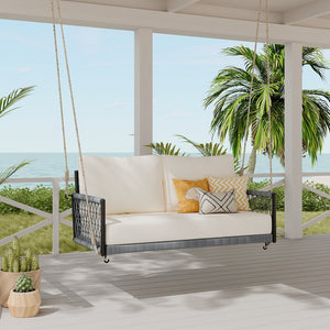 English Elm Trexm Outdoor Woven Rope Swing Sofa Iron Frame Resort Style Patio Seating for Two Beige - B WF320727AAB