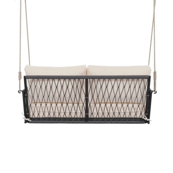 English Elm Trexm Outdoor Woven Rope Swing Sofa Iron Frame Resort Style Patio Seating for Two Beige - B WF320727AAB