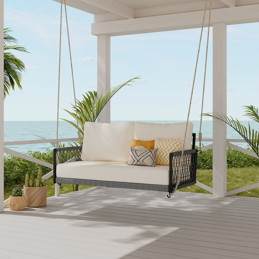 English Elm Trexm Outdoor Woven Rope Swing Sofa Iron Frame Resort Style Patio Seating for Two Beige - B WF320727AAB