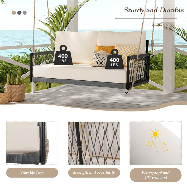 English Elm Trexm Outdoor Woven Rope Swing Sofa Iron Frame Resort Style Patio Seating for Two Beige - B WF320727AAB