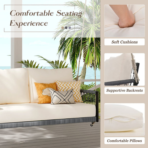 English Elm Trexm Outdoor Woven Rope Swing Sofa Iron Frame Resort Style Patio Seating for Two Beige - B WF320727AAB