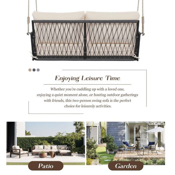 English Elm Trexm Outdoor Woven Rope Swing Sofa Iron Frame Resort Style Patio Seating for Two Beige - B WF320727AAB