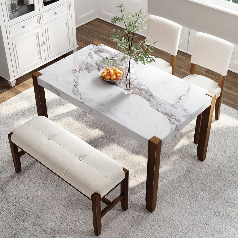 English Elm 2 Upholstered Dining Chairs and Bench with Wood Legs for Compact Modern Spaces WF321687AAK