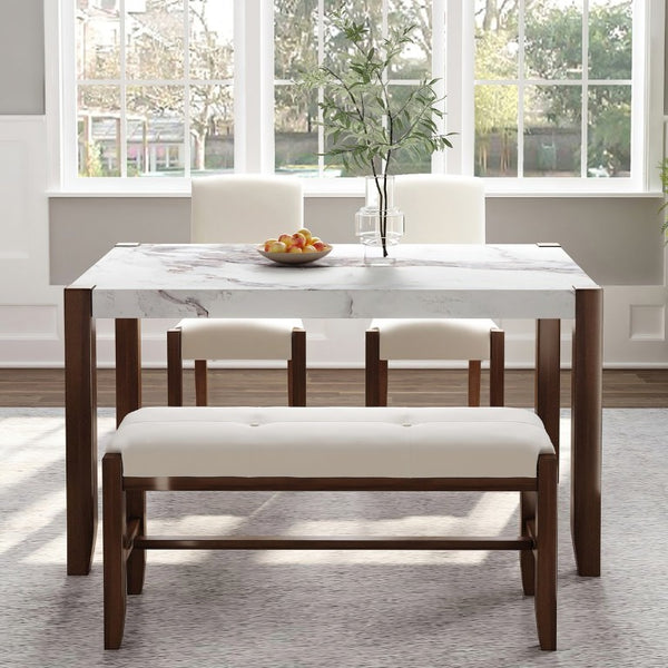 English Elm 2 Upholstered Dining Chairs and Bench with Wood Legs for Compact Modern Spaces WF321687AAK