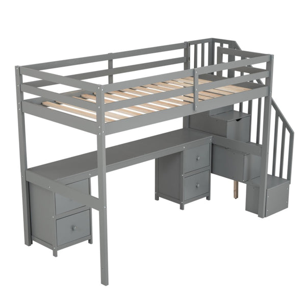 English Elm Twin Pine Loft Bed with Integrated Study Desk Two Drawers and Reversible Staircase WF321911AAE