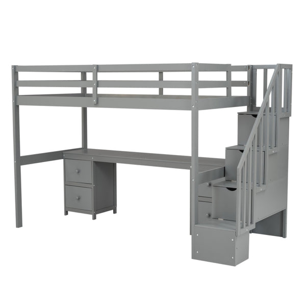 English Elm Twin Pine Loft Bed with Integrated Study Desk Two Drawers and Reversible Staircase WF321911AAE