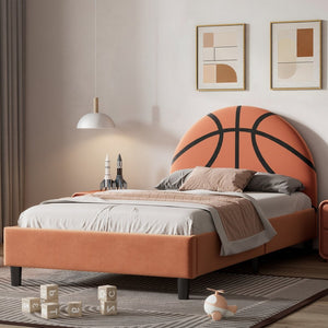English Elm Basketball Shaped Velvet Twin Platform Bed with Embroidered Sports Headboard for Kids WF322723AAA