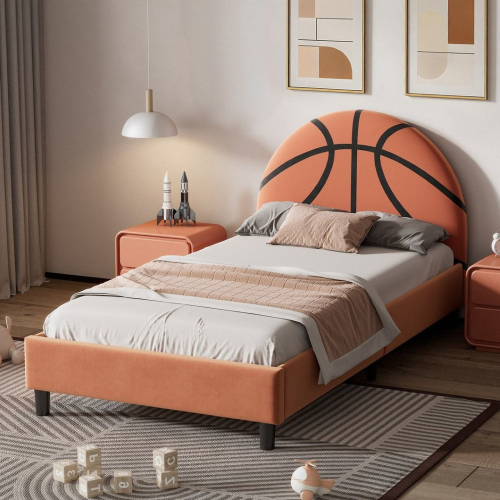 English Elm Basketball Shaped Velvet Twin Platform Bed with Embroidered Sports Headboard for Kids WF322723AAA