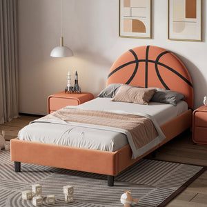 English Elm Basketball Shaped Velvet Twin Platform Bed with Embroidered Sports Headboard for Kids WF322723AAA