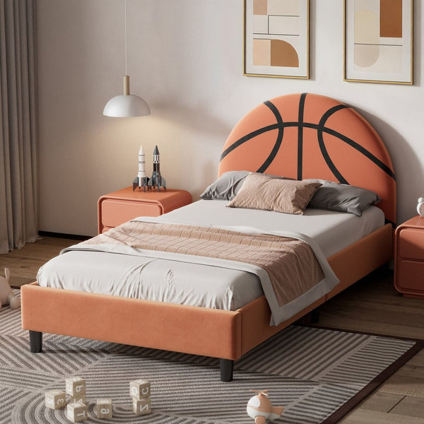 English Elm Basketball Shaped Velvet Twin Platform Bed with Embroidered Sports Headboard for Kids WF322723AAA