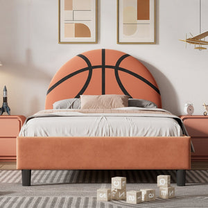 English Elm Basketball Shaped Velvet Twin Platform Bed with Embroidered Sports Headboard for Kids WF322723AAA