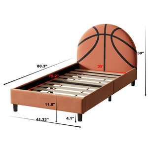 English Elm Basketball Shaped Velvet Twin Platform Bed with Embroidered Sports Headboard for Kids WF322723AAA