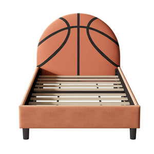 English Elm Basketball Shaped Velvet Twin Platform Bed with Embroidered Sports Headboard for Kids WF322723AAA