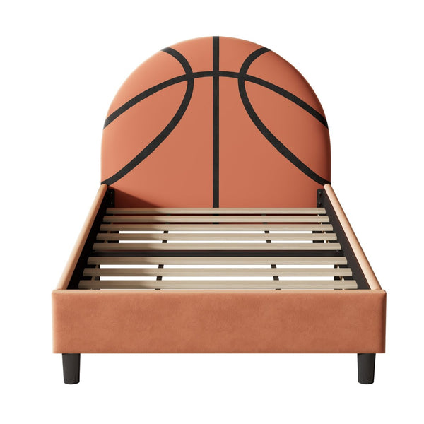 English Elm Basketball Shaped Velvet Twin Platform Bed with Embroidered Sports Headboard for Kids WF322723AAA