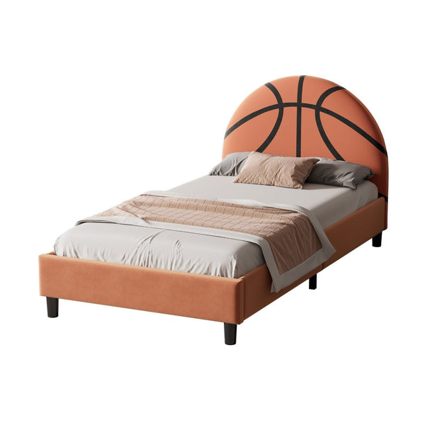 English Elm Basketball Shaped Velvet Twin Platform Bed with Embroidered Sports Headboard for Kids WF322723AAA