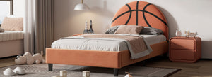 English Elm Basketball Shaped Velvet Twin Platform Bed with Embroidered Sports Headboard for Kids WF322723AAA